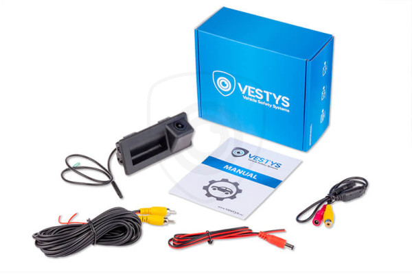 zawartość zestawu - kamera cofania do Seat Arona i Ateca w klamce bagażnika, kabel video, instrukcja, kabel zasilający, adapter