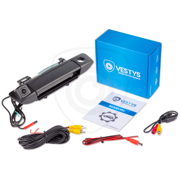 zawartość opakowania - kamera cofania Ford Ranger w klamce bagażnika, kabel wideo, instrukcja, kabel zasilający, adapter