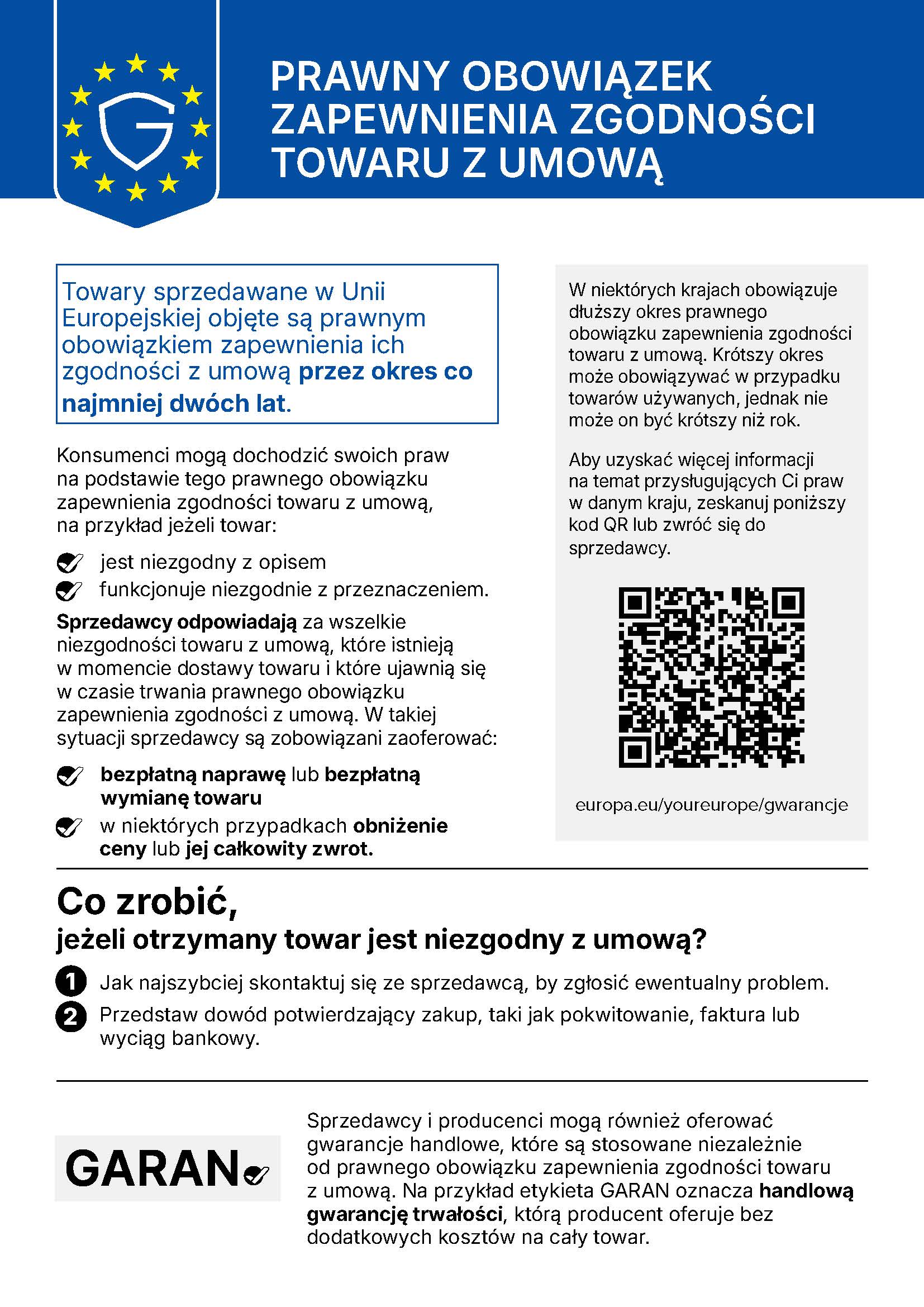 Informacje o ustawowej odpowiedzialności sprzedawcy w Unii Europejskiej