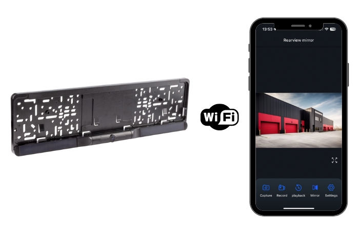 Rama tablicy rejestracyjnej z bezprzewodową kamerą cofania z panelem słonecznym i połączeniem z telefonem